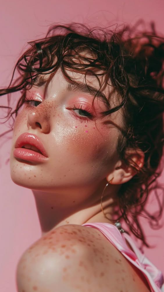 Closeup of a young woman with dewy skin, wearing pink blush on her cheeks and eyelids, creating a soft, monochromatic makeup look.