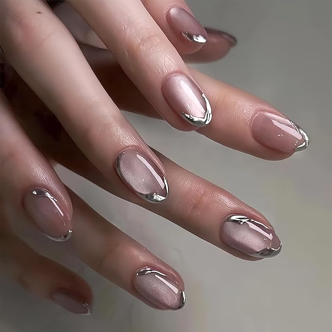 24PCS Sparkly Press on Nails Short Almond Fake Nails with Silver Edge Sparkly Design Shiny False Nails Gel Glue on Nails Sparkly Stick on Nails Glue on Nails Acrylic Nails for Women Daily Wear
