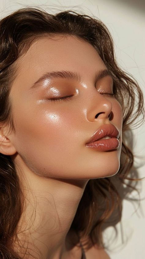 A girl with her eyes closed and glossy Wet Makeup Look on
